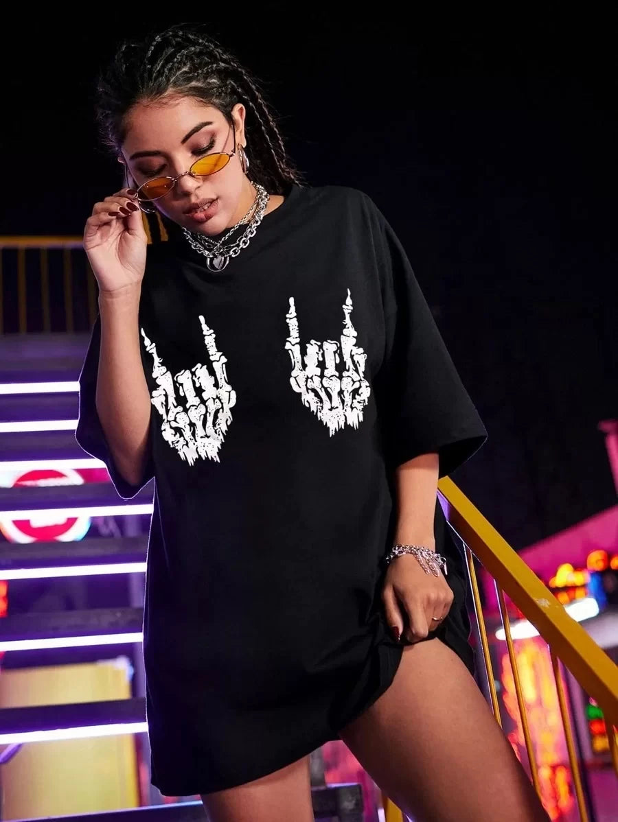 Kadın Baskılı Oversize T-shirt - Siyah