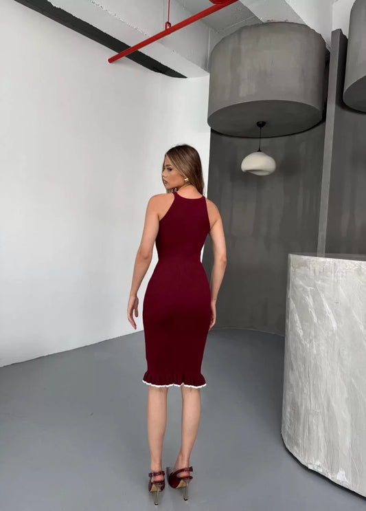 Fırfır Detaylı Triko Elbise- Bordo